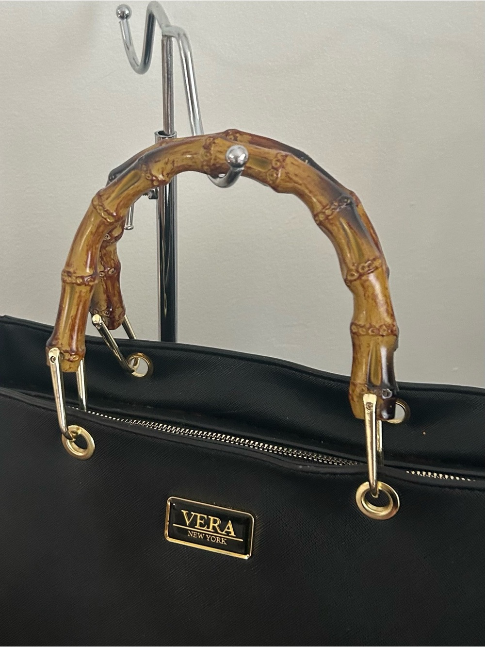 Vera New York Black Bamboo Handle Tote Crossbody Bag Gold Hardware Work Purse - Picture 8 of 14